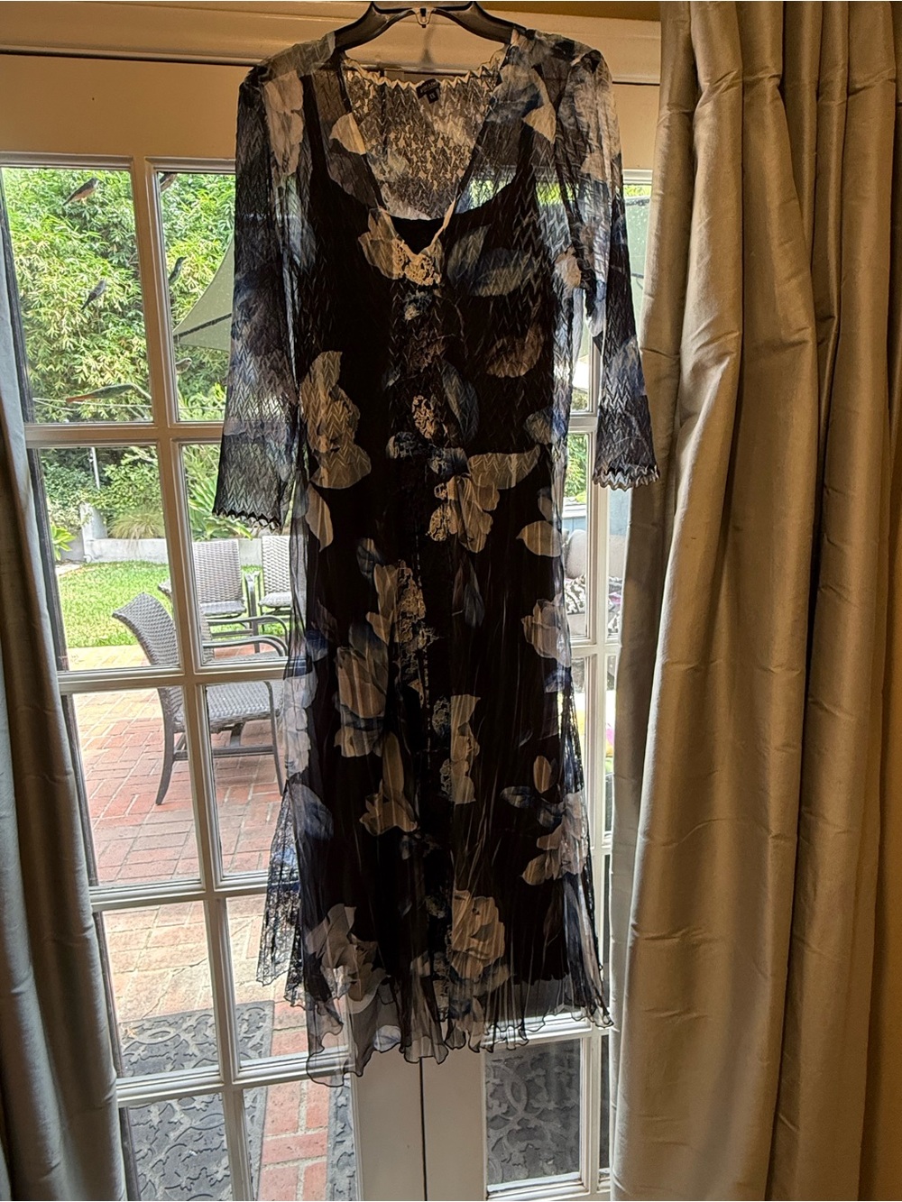 Komarov Blue Floral Charmeuse & Lace Pleated Midi Dress Plus Size